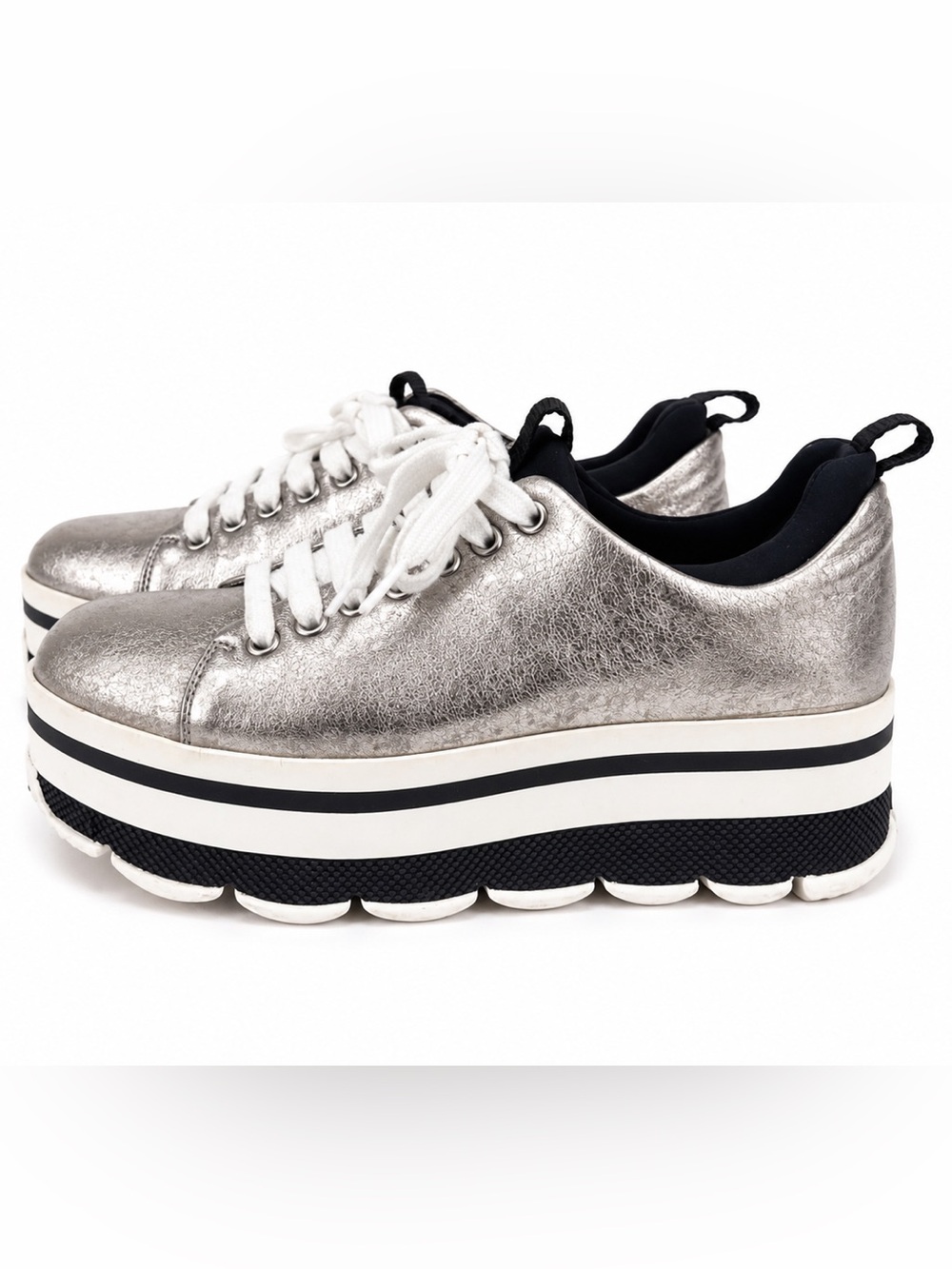 Prada Metallic Silver Platform Sneakers Sz 35.5 Chunky Designer Shoes